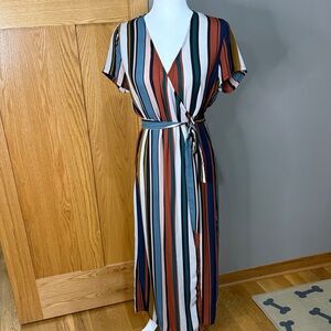 Vici Multi-Stripe Wrap Maxi Dress in Rust, Teal & Navy